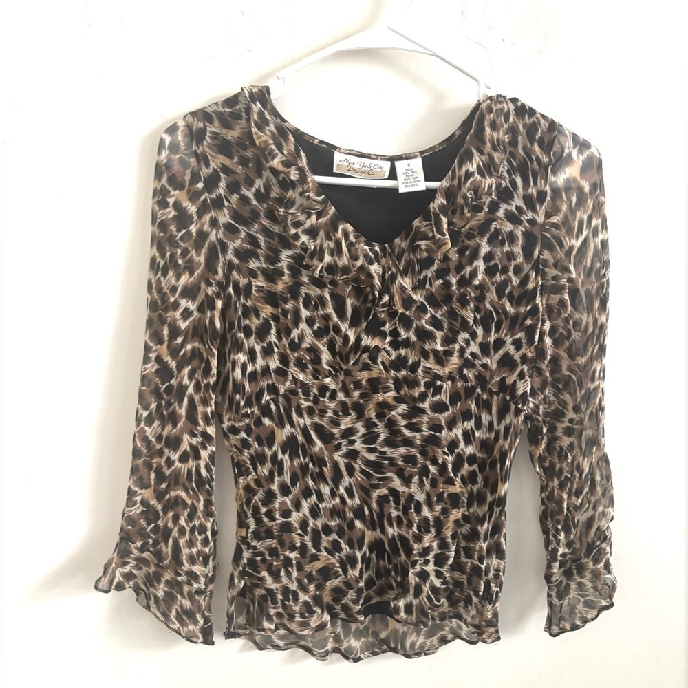 Y2K Blouse Womens Silk Leopard Print S Ruffle Glam Whimsigoth Fairycore Coquette